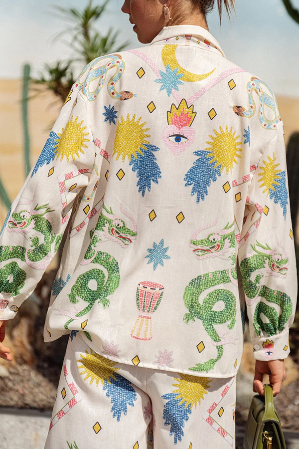 Embrace Magic Linen Blend Unique Print Button Down Oversized Blouse-consonak