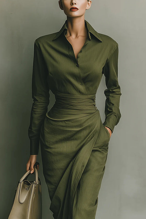 Solid Color Lapel Long Sleeve Pocket Slim-fit Asymmetrical Midi Dress-consonak