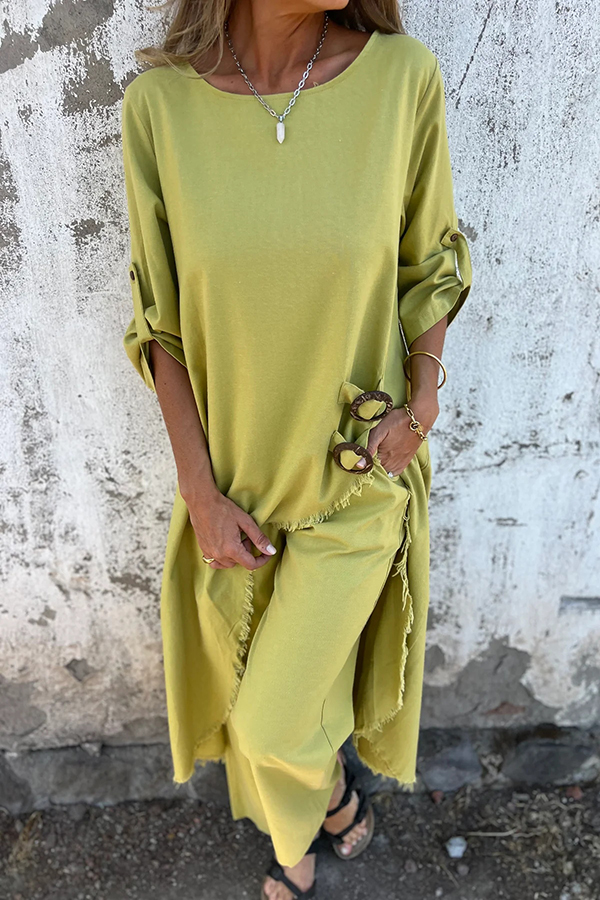 Jamilah Linen Blend Ring Detail Midi Blouse  and Elastic Waist Pocketed Loose Pants Set | Consonak