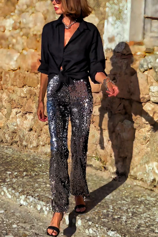 Pursue Shine Sequin High Rise Elastic Waist Flare Pants | Consonak