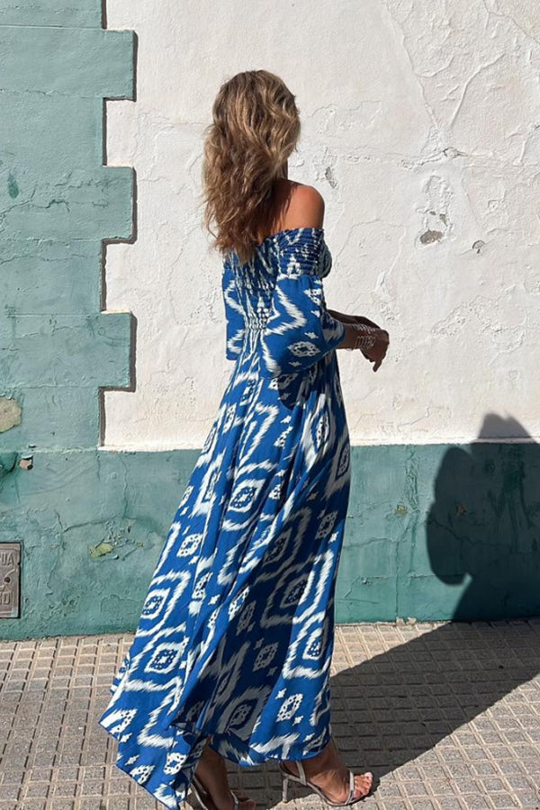 Street vacation style ethnic print off shoulder pocket long skirt-consonak