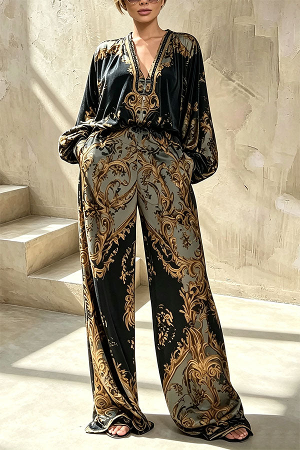 Baroque Noir Statement Blouse and Wide-Leg Pant Set-Consonak