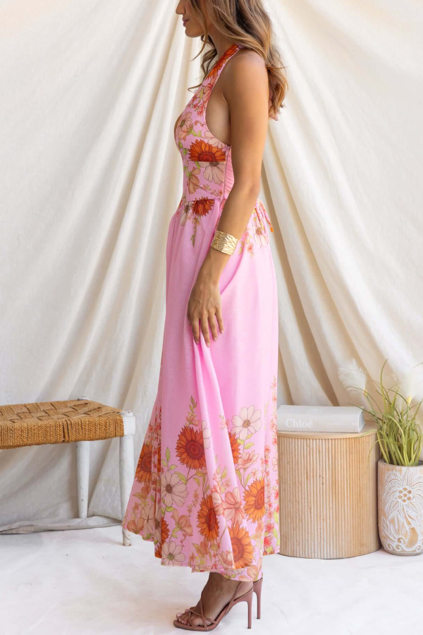 Sunflower Print V-neck Fitted Waist Elegant Maxi Dress