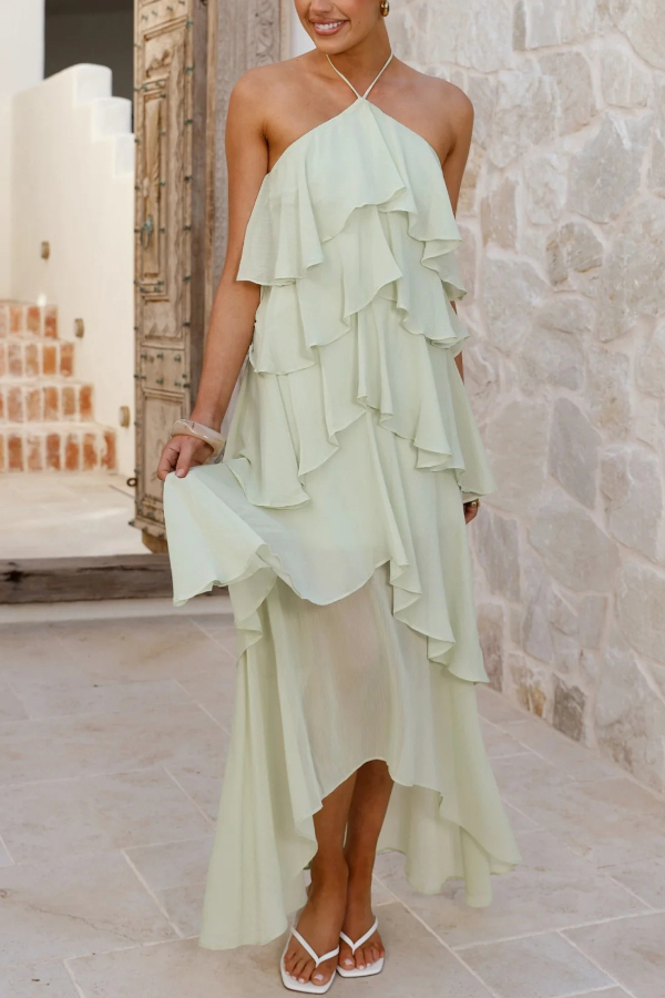 Solid Color Chiffon Halter Neck Elegant Ruffle Maxi Dress-consonak