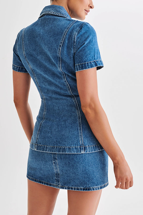 Modern Flavor Denim Short Sleeve Button Up Princess Seams Stretch Top | Consonak