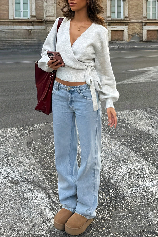 Solid Color Crossover V-neck Tie Elegant Long-sleeved Knit Top-consonak