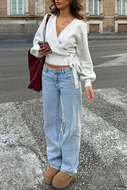 Solid Color Crossover V-neck Tie Elegant Long-sleeved Knit Top-consonak