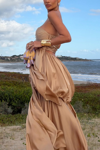Flowing Fantasy Satin Pleated Bubble Design Strapless Drape Maxi Dress-consonak