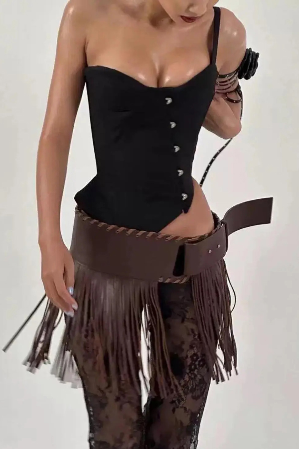 Fashionable Punk Leather Tassel Wide Belt