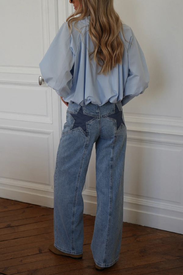 Stylish Denim Colorblock Star Patterned Mid Waist Pocket Wide Leg Jeans