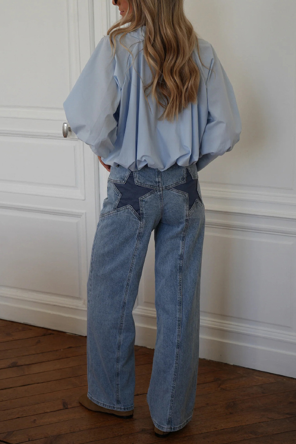 Stylish Denim Colorblock Star Patterned Mid Waist Pocket Wide Leg Jeans