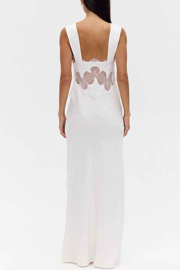 Effortless Elegance Satin Sheer Lace Patchwork V-neck Drape Maxi Dress-consonak