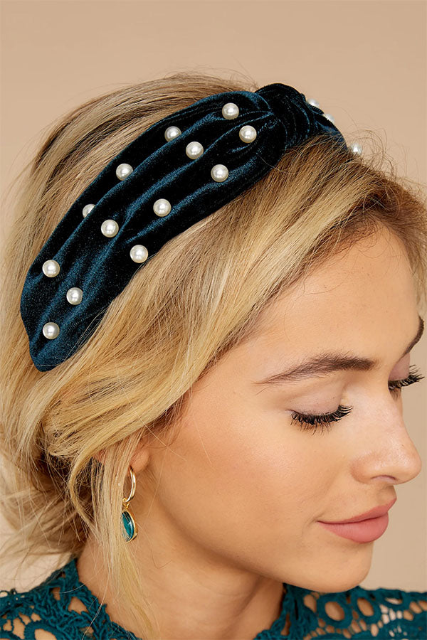 Gold Velvet Pearl Knotted Headband-consonak