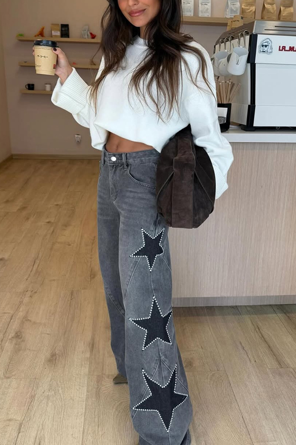 Jessy Denim Mid Rise Side Star Pattern Pocket Wide Leg Jeans | Consonak