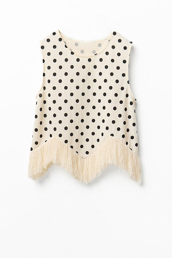 Verrah Linen Blend Polka Dot Print Tassel Trim Loose Tank