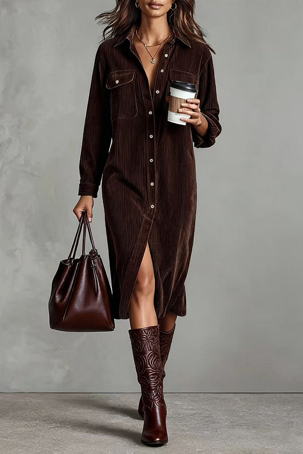 Solid Color Single-Breasted Pocket Casual Shirt-Style Midi Dress-consonak