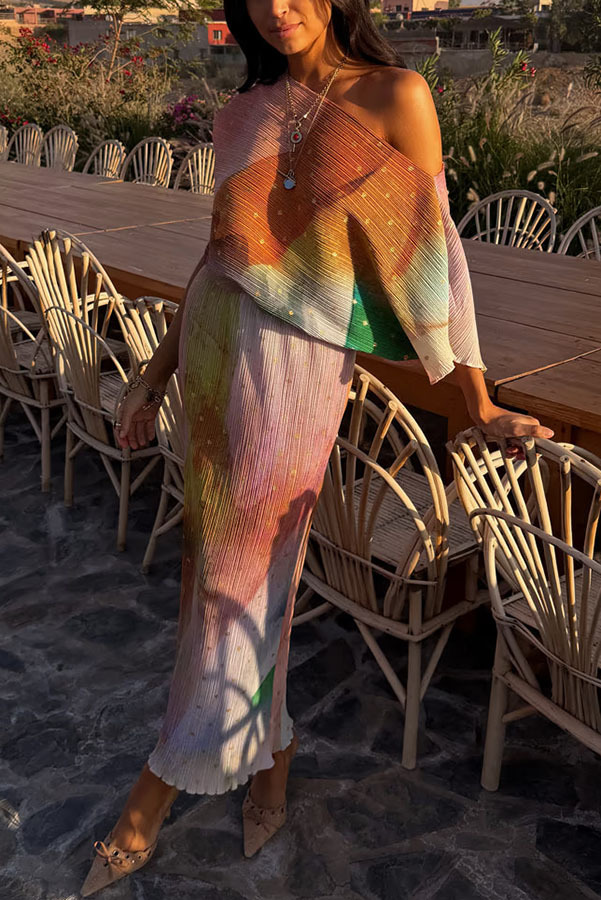 Rudi Pleated Metallic Fleck Print Wide Neck Elastic Waist Midi Dress-consonak