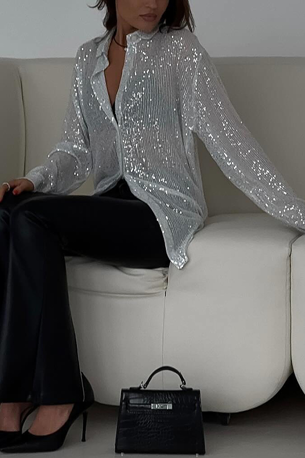 Fashion Sequin Lapel Long Sleeve Loose Shirt-consonak