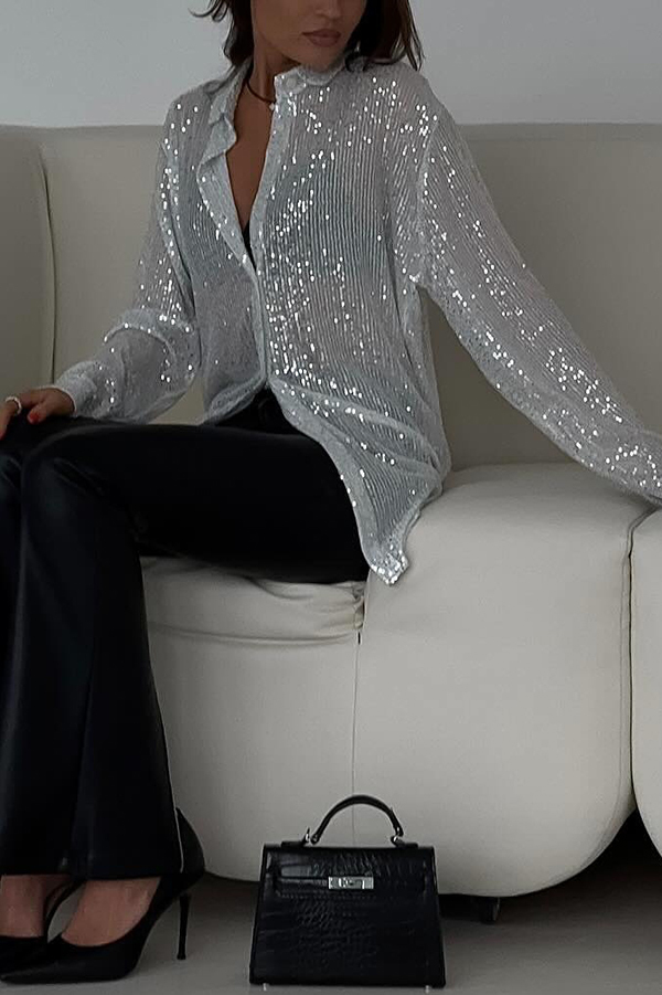 Fashion Sequin Lapel Long Sleeve Loose Shirt-consonak