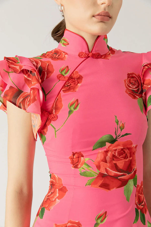 Elegant party cheongsam style rose print layered flared sleeve elastic long skirt | Consonak