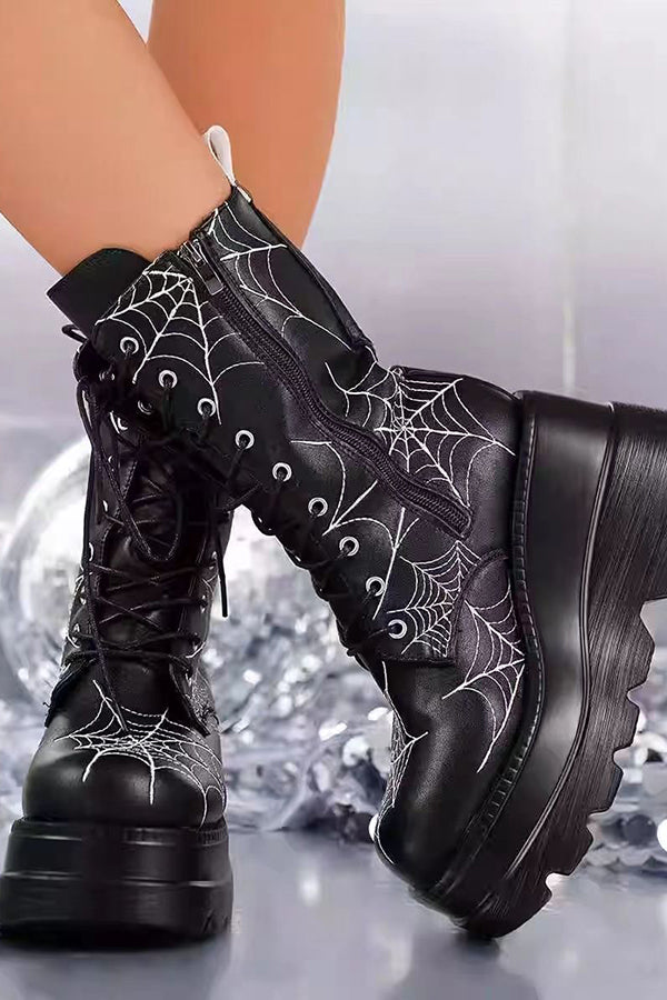 Platform Ankle Boots with A Spiderweb Pattern-Consonak