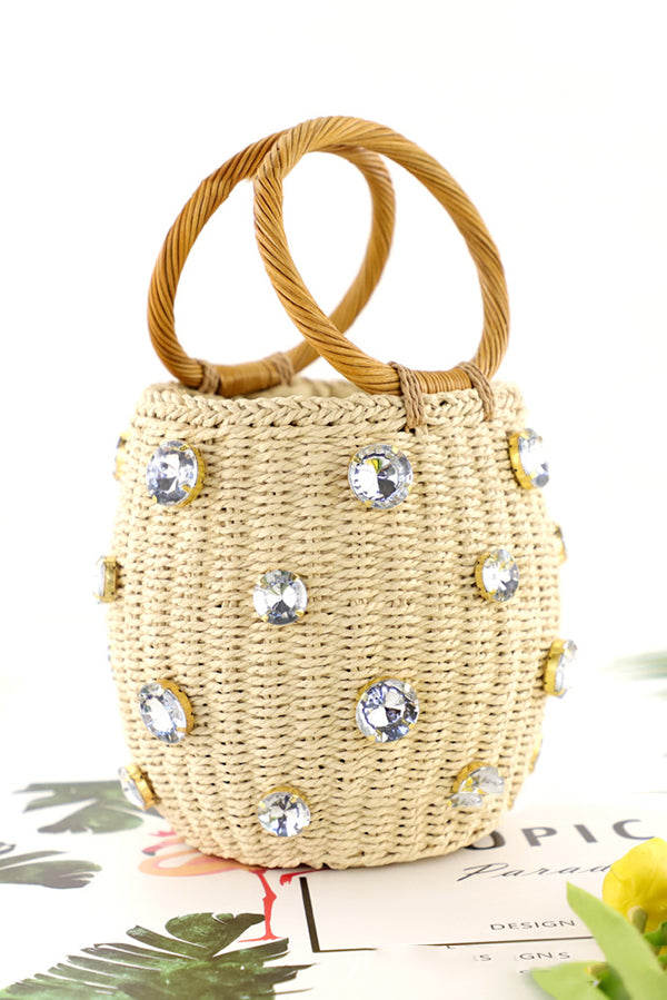 Fashionable Imitation Rhinestone Embellished Casual Barrel Rattan Bag-consonak