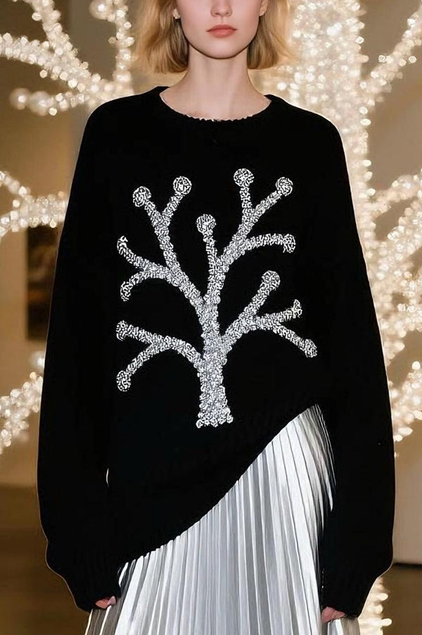 Silver Christmas Tree Loose Long-Sleeved Knit Sweater-consonak