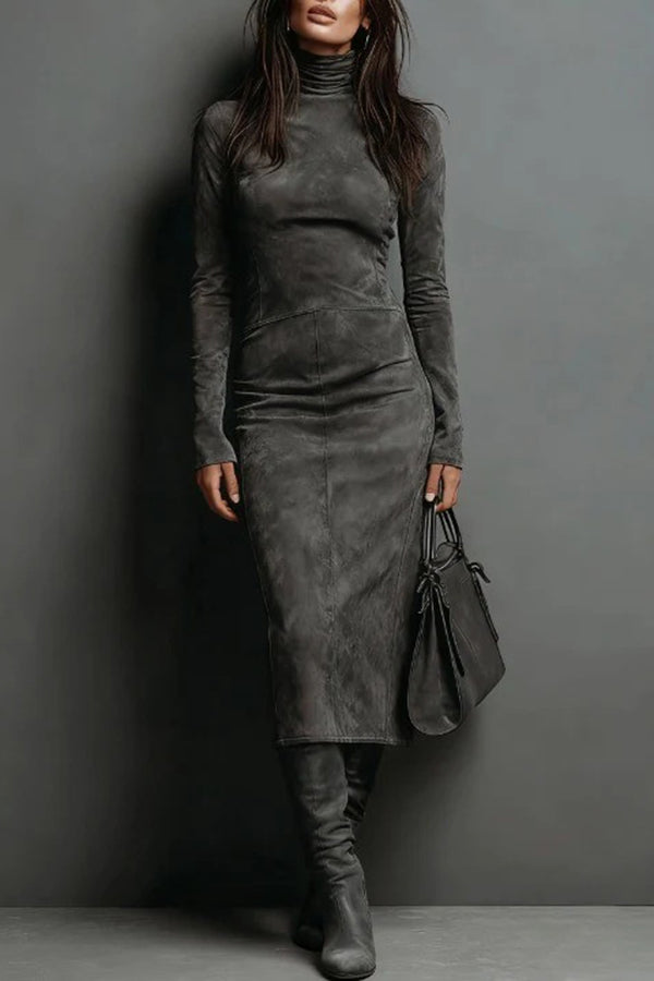 Stylish High-neck Long-sleeved Slim-fit Midi Dress-consonak