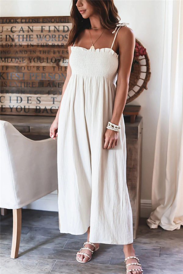 Elegant Solid Color High Waist Linen Blend Suspender Pleated Jumpsuit-consonak
