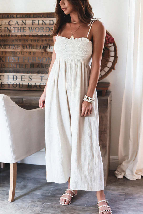 Elegant Solid Color High Waist Linen Blend Suspender Pleated Jumpsuit-consonak