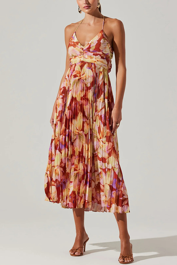 Wedding Party Season Floral Print Pleated Back Tie-up Midi Dress-consonak