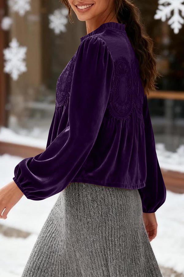 Fashionable Velvet and Lace Patchwork Loose Long-sleeved Top-consonak