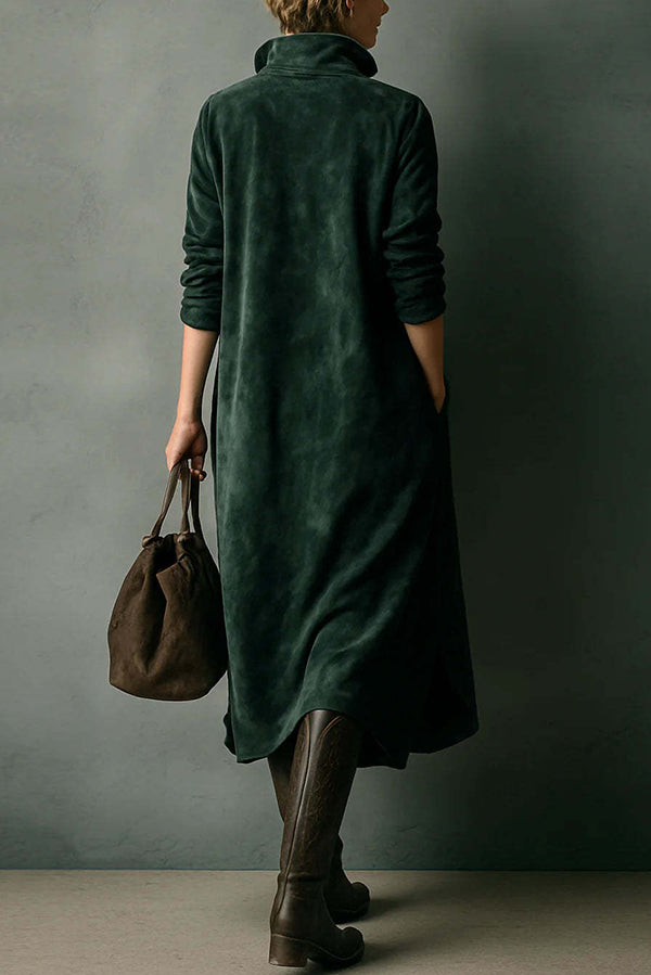 Solid Color Loose Suede Long-sleeved Casual Midi Dress-consonak