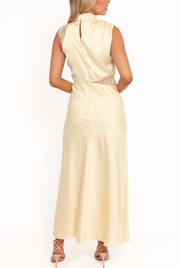 Touch of Allure Satin Drape High Neck Lace Detail Maxi Dress