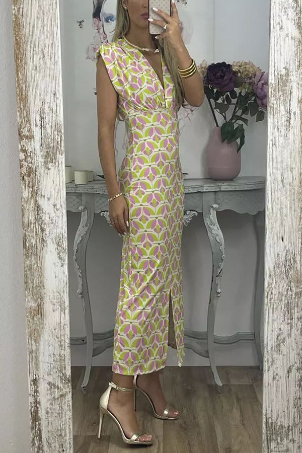 Forever Here Printed Padded Shoulder Front Center Slit Midi Dress-consonak