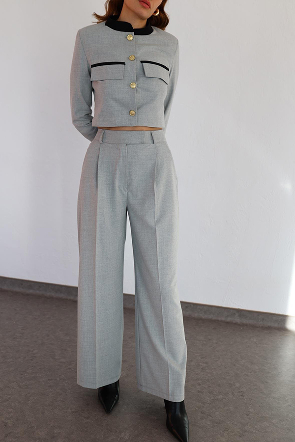 Stylish Contrasting Cropped Long Sleeve Top and Pocket Straight Leg Pants Set-consonak