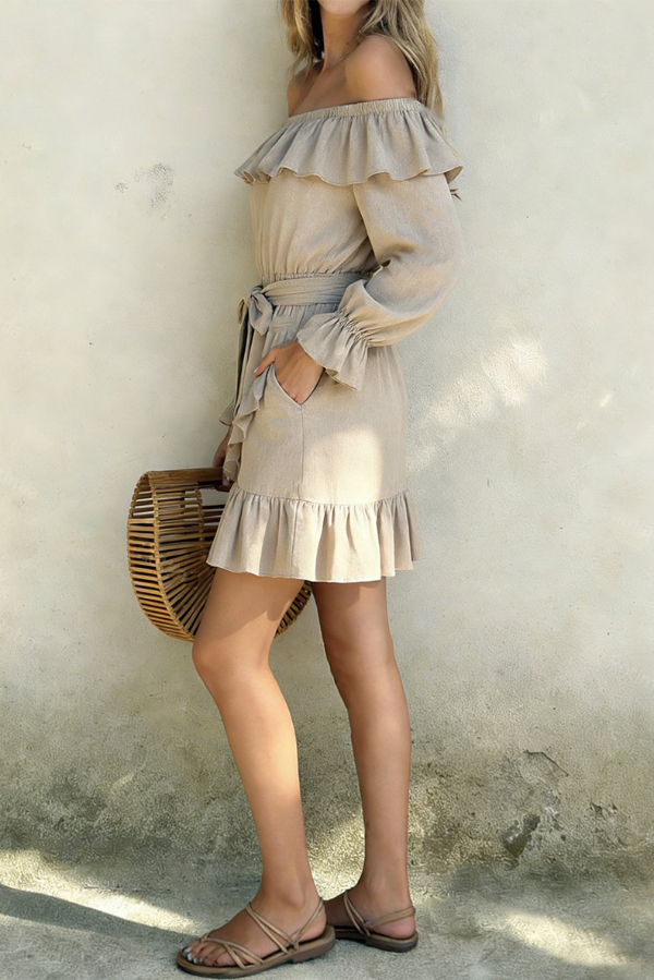 Linen Blend Off-shoulder Tie-up Casual Pocket Ruffle Mini Dress-consonak