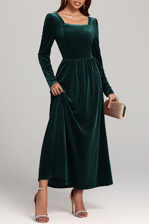 Solid Color Velvet Square Neck Long Sleeve Elegant Maxi Dress-consonak