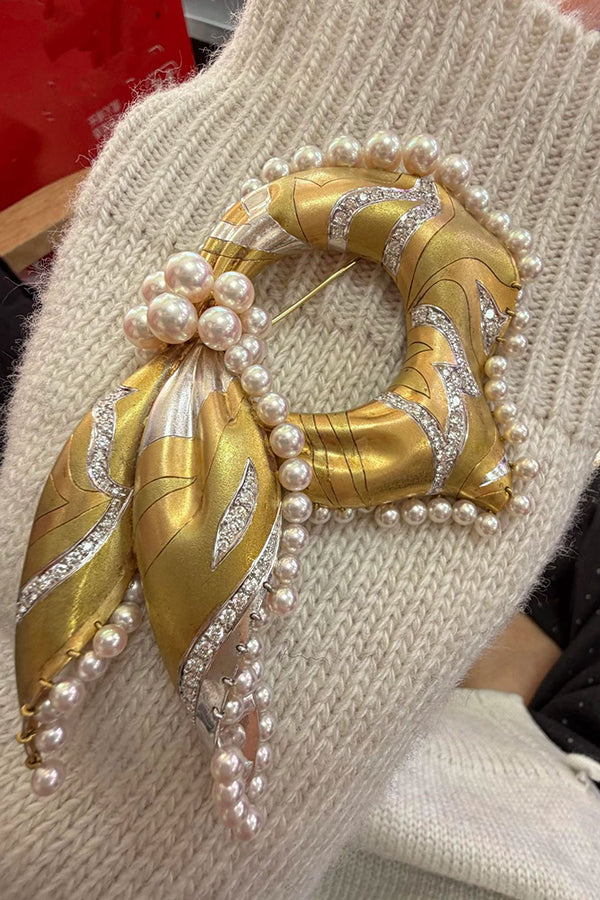 Vintage Silk Scarf and Shell Pearl Brooch-Consonak