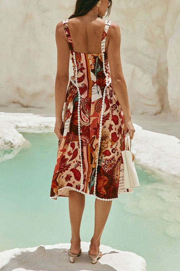 Unique Printed Floral Trim Suspender Side Tie Vacation Midi Dress