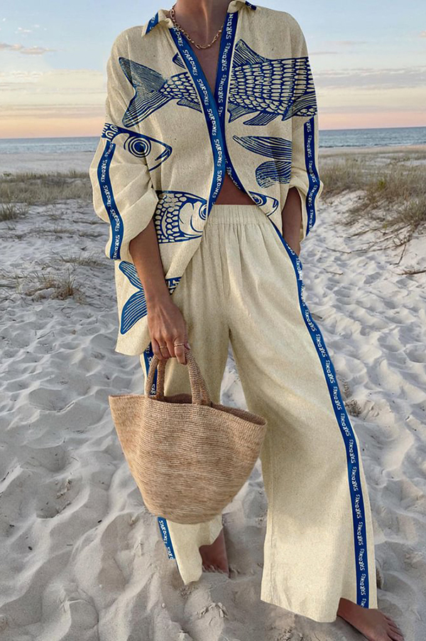 Unique Ocean Print Oversized Shirt and Elastic Waist Pocket Pants Set | Consonak