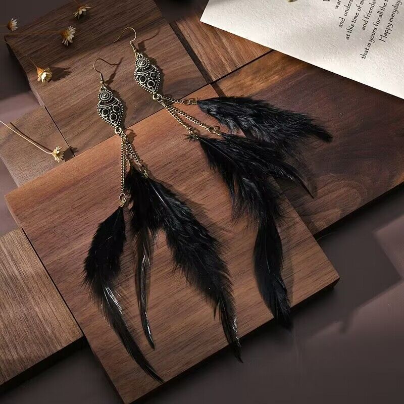 Vintage chain tassel bohemian feather earrings-consonak
