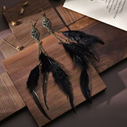 Vintage chain tassel bohemian feather earrings-consonak