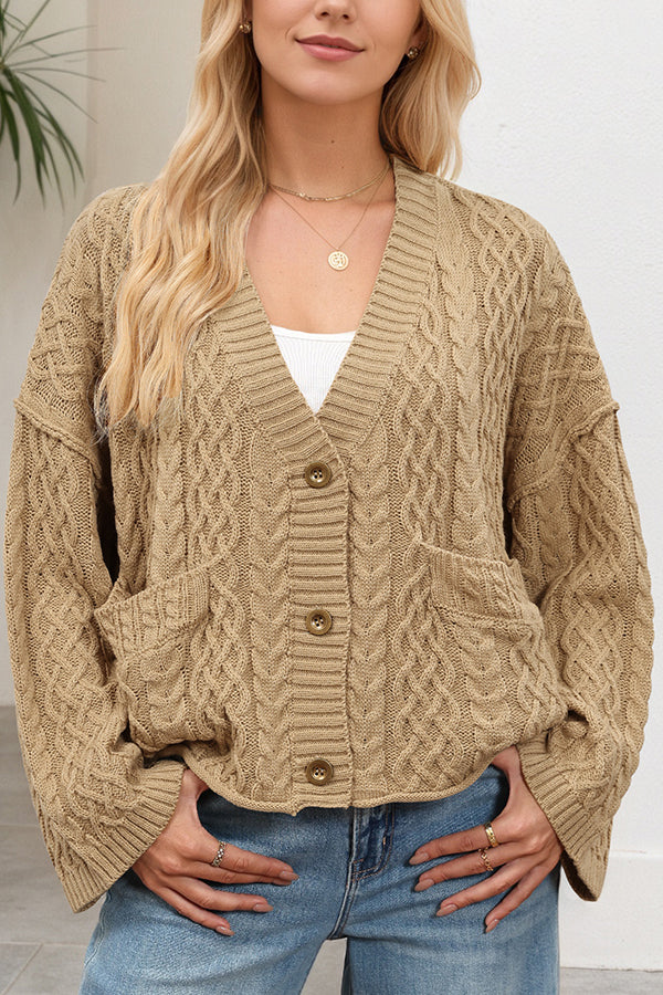 Solid Color Loose V-neck Long-sleeved Casual Pocket Knitted Cardigan-consonak