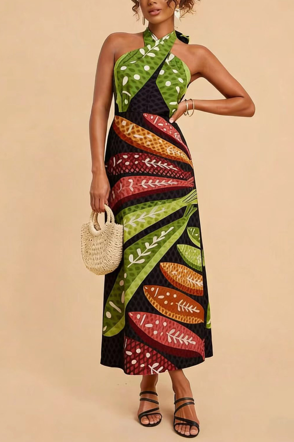 Multi-colored Fish Print Halter Neck Backless Printed Fitted Vacation Maxi Dress
