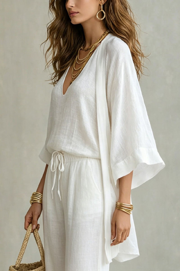 Linen Blend Solid Color Loose Cardigan V-neck Sleeveless Vest and Elastic Waist Pocket Straight Leg Pants Three-piece Set-Consonak