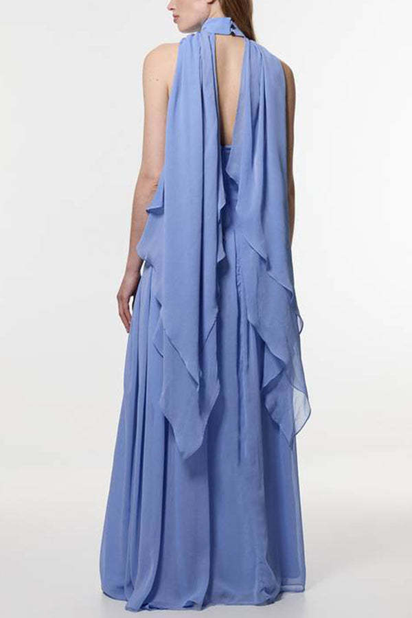 Spring Enchantment Chiffon Crinkle Cross Front Drape Scarf Maxi Dress