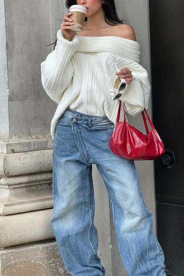 Fashionable Irregular Collar Loose Casual Knitted Sweater-consonak