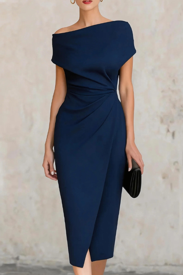 Solid Color Short-sleeved Fitted Waist Pleated Elegant Midi Dress | Consonak