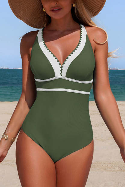 Stylish Color-blocked V-neck Stretch One-piece Swimsuit-consonak